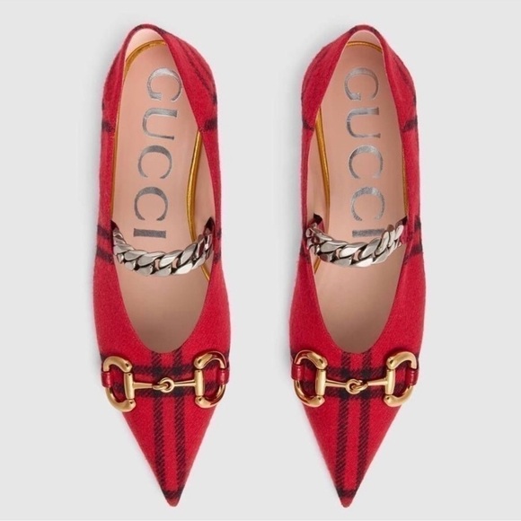 NWT GUCCI Archive Wool Check Pointed Toe Ballet Flats Shoes Red/Black SZ 35 - Picture 4 of 16
